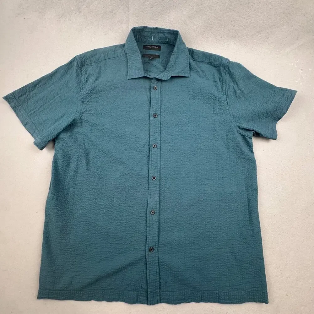 Banana Republic Seersuckerer Shirt Mens XL Slim Fit Teal Short Sleeve Button Up